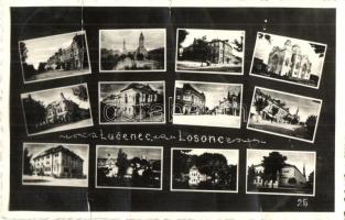 Losonc, Lucenec; mozaiklap: Zsinagóga, városháza, templom / multi-view postcard with synagogue, town-hall, church (fa)