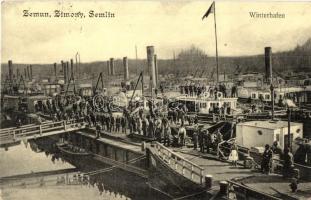 Zimony, Zemun, Semlin; Winterhafen / Téli kikötő, gőzhajók. D. M. Levy kiadása / winter harbor, port, steamships (EK)