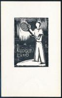 Vadász Endre (1901-1944): Tenisz ex libris (Rudolf Ernő), fameszet, papír, jelzett a klisén, 4,5×3 cm