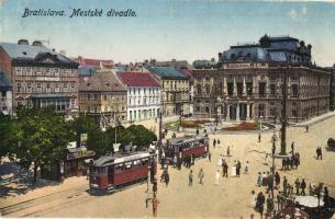 Pozsony, Pressburg, Bratislava; Mestské divadlo / sétatér, színház, villamosok / promenade square, theater, trams (Rb)