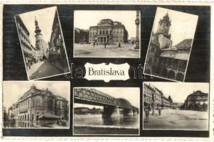 Pozsony, Pressburg, Bratislava; Színház, templom, híd / multi-view postcard with theatre, churches, bridge (Rb)