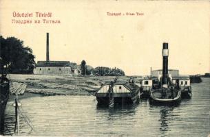 Titel, Tisza part, gőzhajó, faúsztatás. W. L. Bp. 2315. / riverside, steamship, timber transporting (EK)