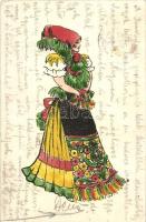 Hungarian traditional costume folklore art postcard (EK)