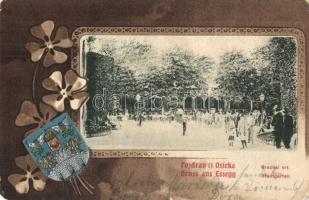 Eszék, Osijek; Stadtgarten / Gradski vrt, Verlag Victor Fritsche / city park; coat of arms, floral litho frame (EK)