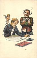 Sopron, Oedenburg; A soproni diákéletből 5 db RÉGI képeslap: XX. Nehéz feladat, XXI. Megjött a balek...
