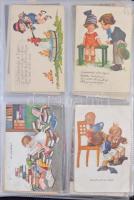 141 db motívum képeslap, érdekes vegyes anyag jobbakkal, modern albumban