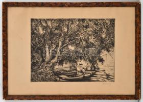 Remsey Jenő (1885-1970): Pecázó, rézkarc, papír, jelzett,  fa keretben, 29×39 cm