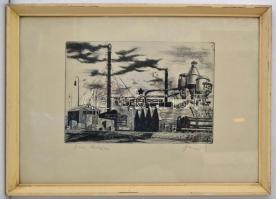 Olvashatatlan jelzéssel: Barcsi Fűrészüzem. Rézkarc, papír, üvegezett keretben, 20×29 cm