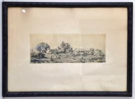 Boldizsár István (1897-1984): Tanya, rézkarc, papír, jelzett, üvegezett fa keretben, 12×30 cm