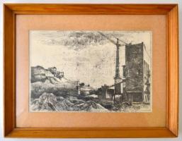 Jelzés nélkül: Épülő szocializmus. Rézkarc, papír, üvegezett keretben, 19×29 cm