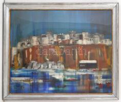 Aba jelzéssel: Mediterrán város, olaj, karton, üvegezett keretben, 50×60 cm