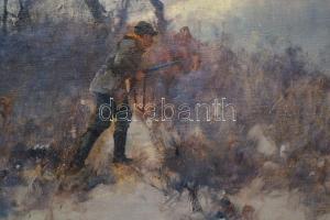 Neogrády Antal (1861-1942): Vadász. Olaj,vászon, jelzett, keretben, 52×82 cm