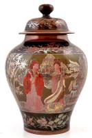 Zsolnay fedeles váza távol keleti jelenettel,kézzel festett lüszter mázzal, jelzett (Geuber Borbála), hibátlan, m:38 cm