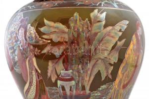 Zsolnay fedeles váza távol keleti jelenettel,kézzel festett lüszter mázzal, jelzett (Geuber Borbála)...