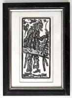 Banga Ferenc (1947-): A mágus. Linó, papír, jelzett, üvegezett keretben, 17×8 cm
