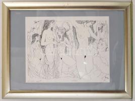 Herpai Zoltán (1951-2011): Lányok együtt. Szitanyomat, papír, jelzett, üvegezett keretben, 29×41 cm