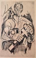 Hincz Gyula (1904-1986): A szocialista munkás. Rézkarc, papír, jelzett, üvegezett keretben, 29×18 cm
