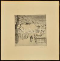 Szőnyi István (1894-1960): Téli utca, rézkarc, papír, jelzett, kartonra ragasztva, 19,5×20 cm
