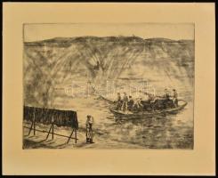 Gacs Gábor (1930- ): Balatoni halászok, rézkarc, papír, jelzett, 30×40 cm