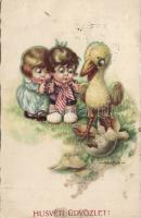 Italian art postcard, Easter, eggs, duck, children, s: Bertiglia (b)