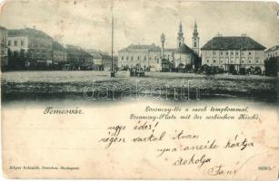 Temesvár, Timisoara; Losonczy tér, Vármegyeház, Szentháromság szobor, Szerb ortodox templom, Bruck S. üzlete, piaci árusok. Edgar Schmidt kiadása / square, county hall, Serbian Orthodox church, Trinity statue, shop (szakadás / tear)