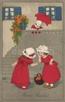 Wichtige Neuigkeit / Important news, girls, Meissner & Buch Künstler-Postkarten Serie 2245. litho (EK)