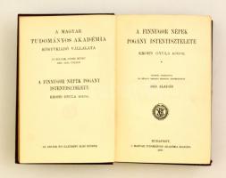 Krohn Gyula: A finnugor népek pogány istentisztelete. Fordította: Bán Aladár. Bp., 1908, MTA, 4+384+2 p. Első kiadás.Kiadói aranyozott gerincű egészvászon sorozatkötésben, Müller-kötés, márványozott lapélekkel, jó állapotban.