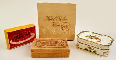 Hotel Sacher Wien fa doboz, 19×19 cm, retró desszertes karton dobozok: Meggydesszert, Csokoládés minőségi desszert, Bonbon, 15,5×9,5 cm (3×)