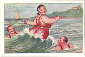 Kellemes hullámverés Strandélet gyönyöre Az árnyékot is jól kell megválasztani 3 db RÉGI használatlan humoros képeslap / Fat lady at the beach 3 pre-1945 unused postcards