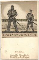 1914 Landsturm. Offizielle Karte für das Rote Kreuz, das Kriegshilfsbüro und Kriegsfürsorgeamt / WWI Austro-Hungarian K.u.K. military art postcard. s: H. Grom Rottmayer (kis szakadás / small tear)