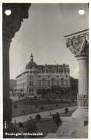 Kolozsvár, Cluj; Teologia reformata, Farmacie / Református Teológiai Intézet, Gyógyszertár, Bindácz, Sallak üzlete / Protestant Theological Institute, pharmacy, shops (lyukasztott / punched holes)  + 1940 Kolozsvár visszatért So. Stpl.