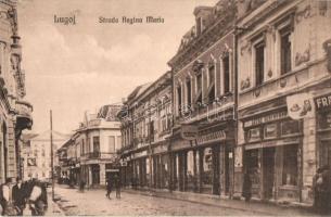 Lugos, Lugoj; Strada Regina Maria / Mária királyné utca, üzletek / street view, shops