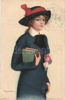 School day / Girl in school uniform with books, The Knapp Co., INC. N.Y. , A.R. & C. i. B. 551