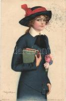 'School day' / Girl in school uniform with books, The Knapp Co., INC. N.Y. , A.R. & C. i. B. 551