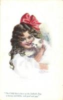 'Children's Birth Days'/ Girl with cat, Series F 2 No. 2579, James Henderson & Sons, Ltd., London, artist signed