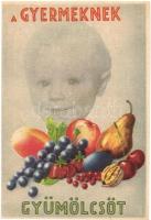 8 db RÉGI magyar gyümölcsöt reklámozó egészségügyi propaganda lap, C-vitamin táblázat a hátoldalon. ...