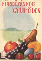 8 db RÉGI magyar gyümölcsöt reklámozó egészségügyi propaganda lap, C-vitamin táblázat a hátoldalon. ...