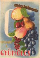 8 db RÉGI magyar gyümölcsöt reklámozó egészségügyi propaganda lap, C-vitamin táblázat a hátoldalon. ...