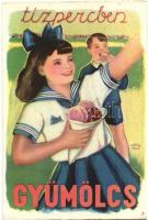 8 db RÉGI magyar gyümölcsöt reklámozó egészségügyi propaganda lap, C-vitamin táblázat a hátoldalon. ...