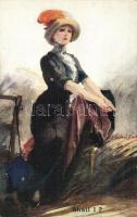 'Shall I?' / Lady with hat, B.K.W.I. Nr. 860/1, artist signed