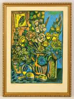 Józsa János (1936-2016): Virágcsendélet. Színes linó, papír, jelzett, üvegezett keretben, 53×38 cm