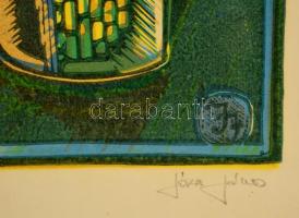 Józsa János (1936-2016): Virágcsendélet. Színes linó, papír, jelzett, üvegezett keretben, 53×38 cm