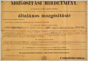 1914 Általános mozgósítási hirdetmény, vászonra kasírozva, a hajtások mentén sérült, 62×92 cm