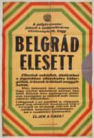 1914 Belgrád elesett, székesfővárosi hirdetmény, vászonra kasírozva, sérült, 92×60 cm