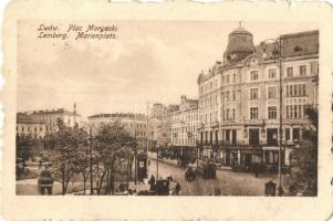 Lviv, Lwów, Lemberg; Marienplatz / square, statue, tramK.u. K. Militärzensur Lemberg So. Stpl. (kis szakadás / small tear)
