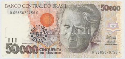 Brazília 1993. 50.000C 50 CRUZEIROS REAIS felülbélyegzéssel T:I,I- Barzil 1993. 50.000 Cruzeiros with 50 CRUZEIROS REAIS overprint C:UNC,AU Krause 237