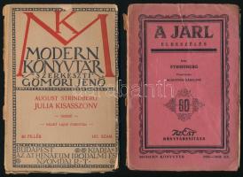 Modern könyvtár 2 kötete:  August Strindberg: Júlia kisasszony.+A jarl. Modern Könyvtár 167., 368-369. Bp., é.n., Athenaeum. Kiadói papírkötésben, szakadozott borítóval, az egyik borítója sérült.