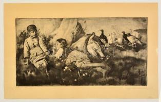Magyar Mannheimer Gusztáv (1859-1937) - Prihoda István (1891-1956): Gyöngytyúkokra vigyázó gyerekek. Rézkarc, papír, jelzett, 23,5×46 cm