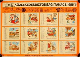 1982,1986 Közlekedésbiztonsági tanács karikatúrás naptára, 2 db plakát, 47x66 cm