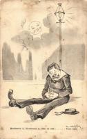 Mondnacht is, Mondnacht is, alles ist still... / K.u.K. Kriegsmarine mariner humour art postcard, drunk mariner. G.Fano 1910-1911. 1627. s: Ed. Dworak (pinhole)